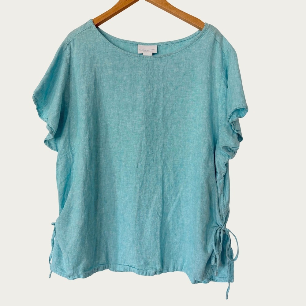 Martha Stewart Linen Blend Women 2X Teal Short Sleeve Vacation Resort Coastal